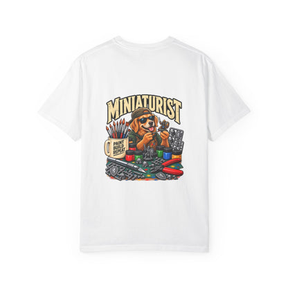 Miniaturist Dog Painter Paint Build Repeat T-Shirt | Miniature Painting Hobby Tee