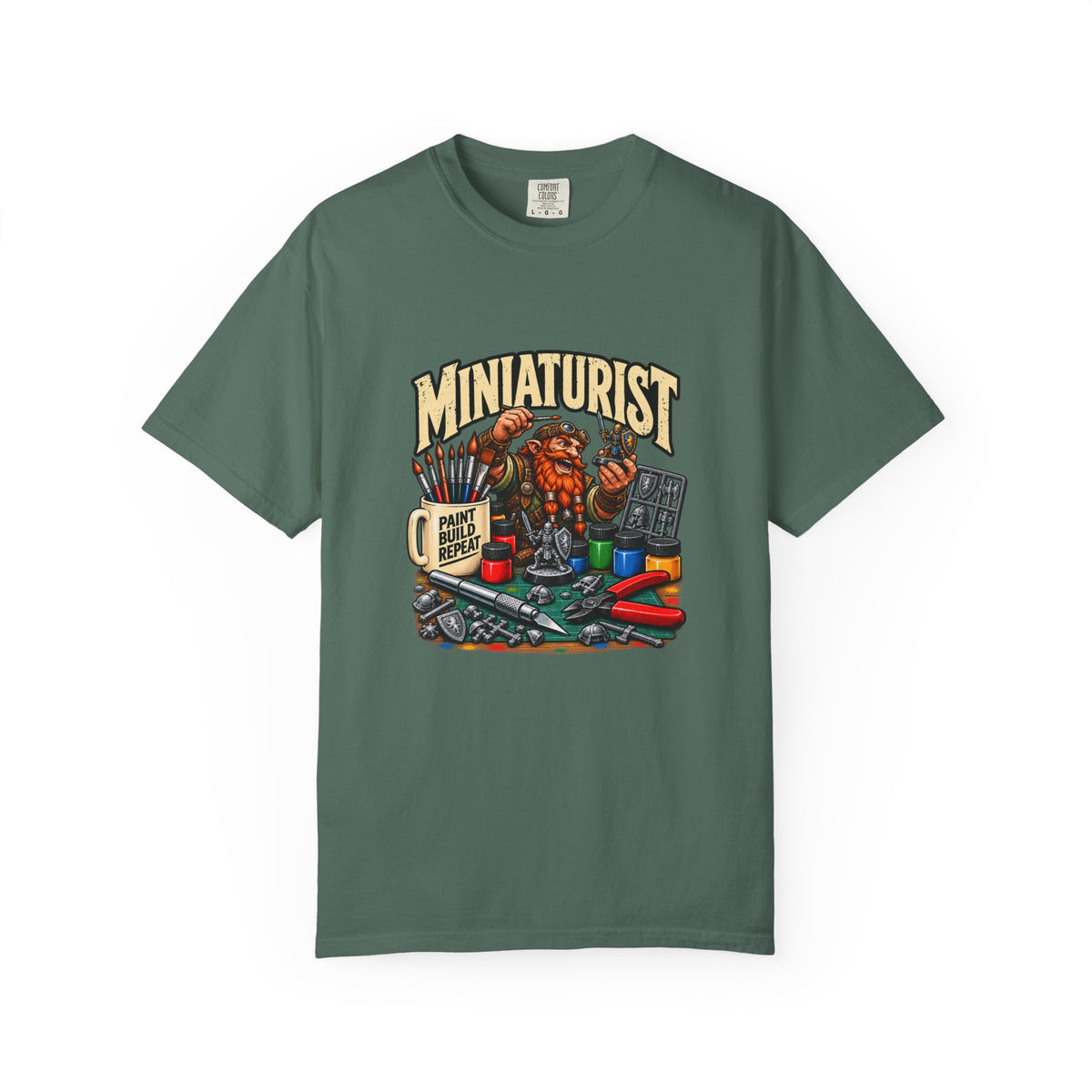 Miniaturist Dwarf Painter Paint Build Repeat T-Shirt | Miniature Painting Hobby Tee