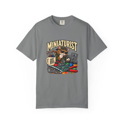 Miniaturist Cat Painter Paint Build Repeat T-Shirt | Miniature Painting Hobby Tee