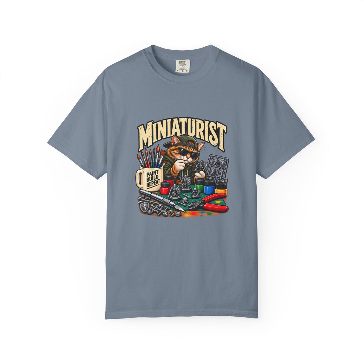 Miniaturist Cat Painter Paint Build Repeat T-Shirt | Miniature Painting Hobby Tee
