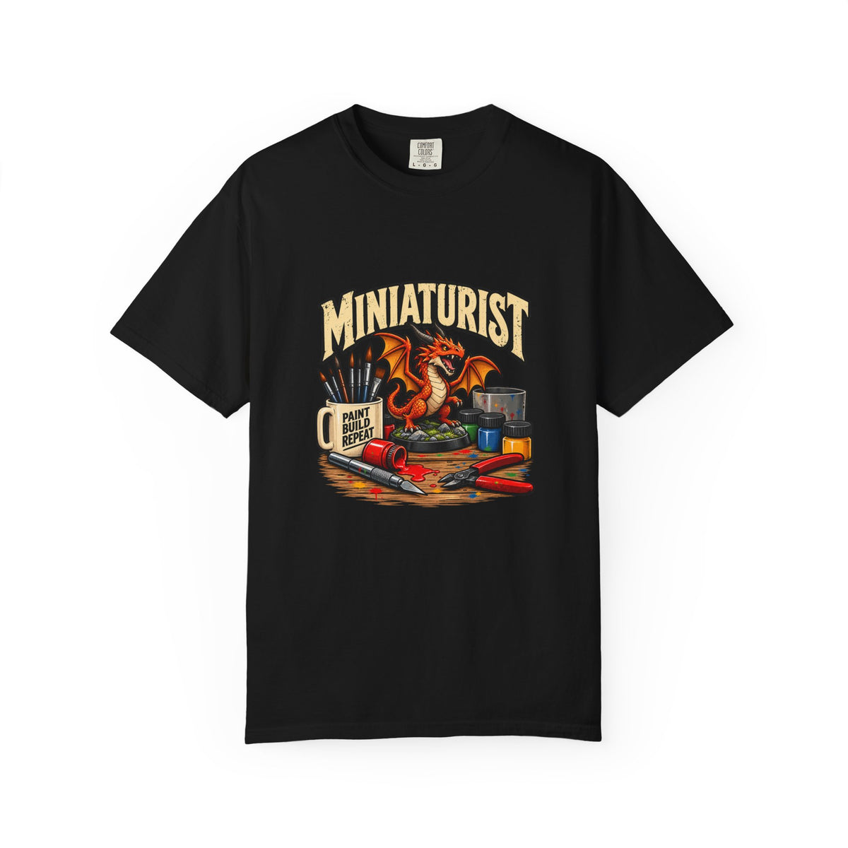 Miniaturist Dragon Paint Build Repeat T-Shirt | Miniature Painting Hobby Tee