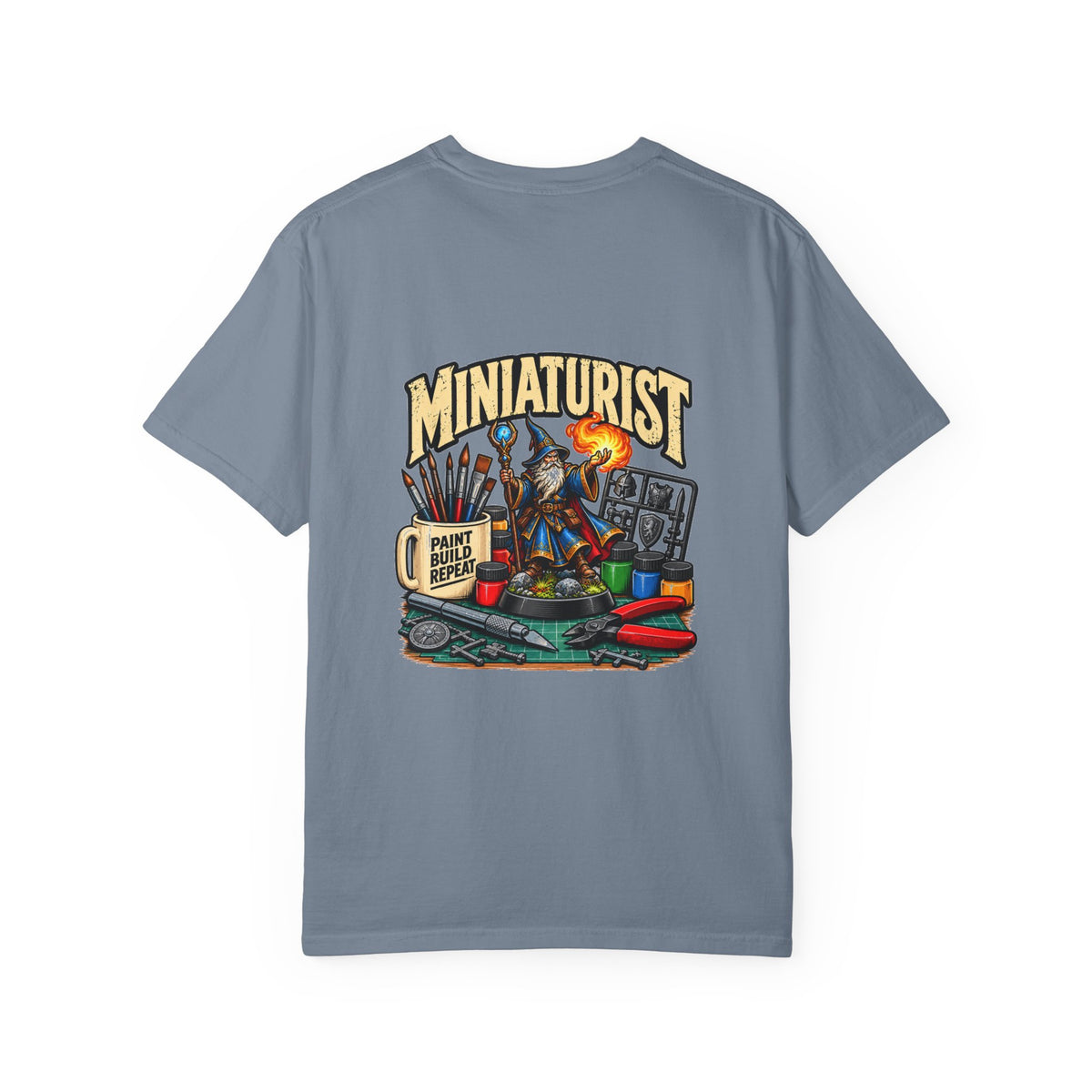Miniaturist Wizard Paint Build Repeat T-Shirt | Miniature Painting Hobby Tee