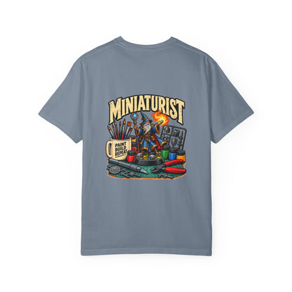 Miniaturist Wizard Paint Build Repeat T-Shirt | Miniature Painting Hobby Tee