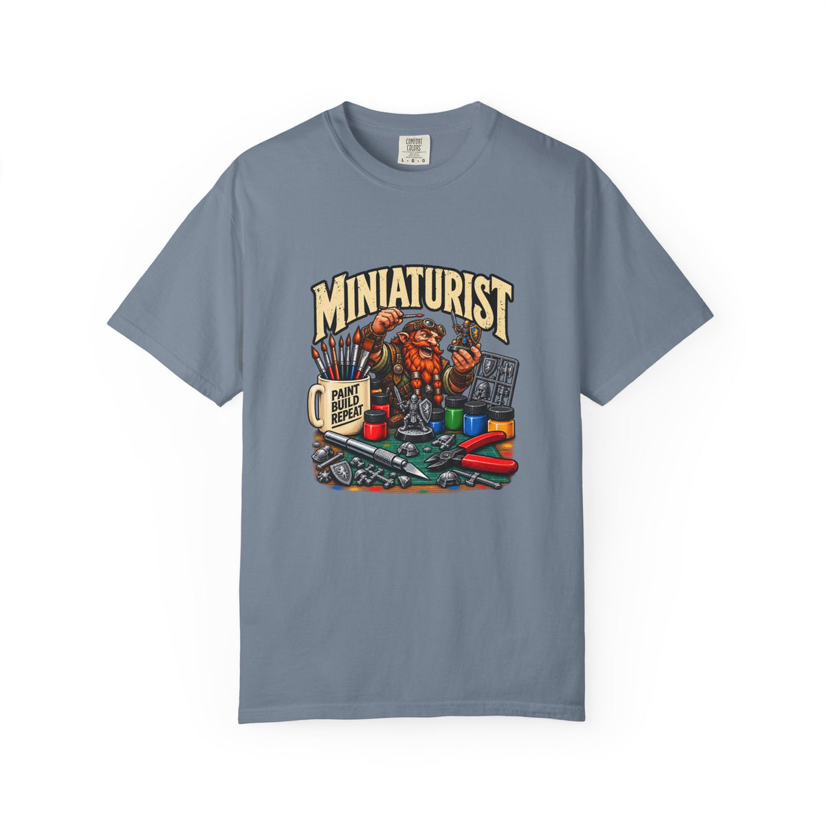 Miniaturist Dwarf Painter Paint Build Repeat T-Shirt | Miniature Painting Hobby Tee