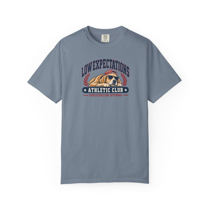 Low Expectations Athletic Club T-Shirt | Funny Retro Collegiate Dog Tee