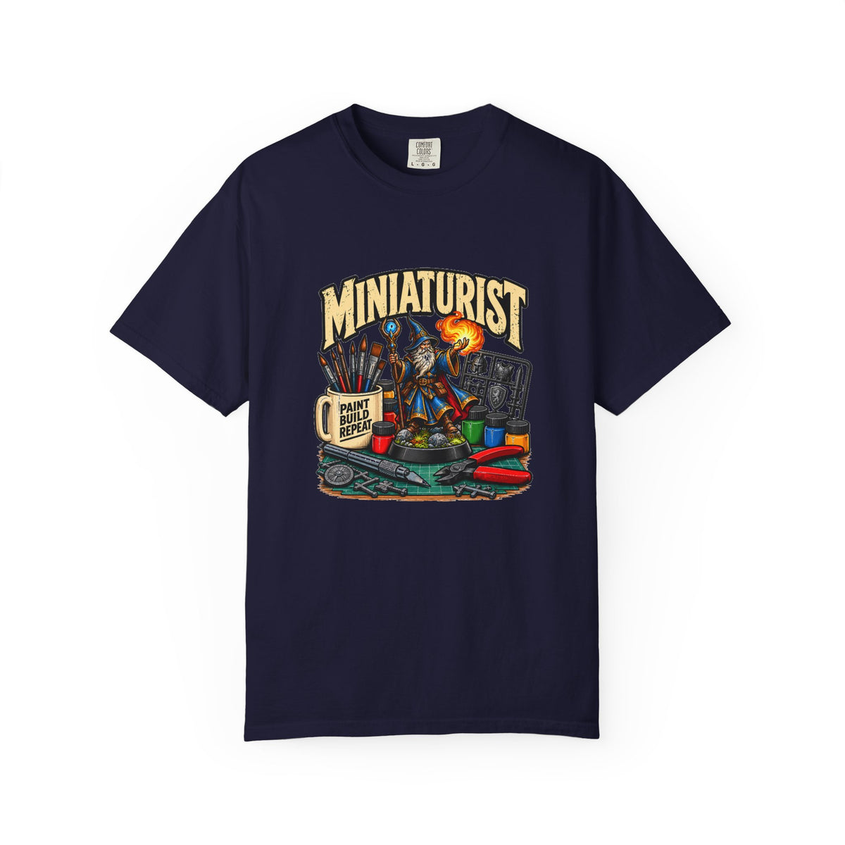 Miniaturist Wizard Paint Build Repeat T-Shirt | Miniature Painting Hobby Tee