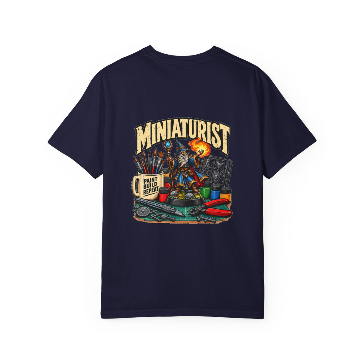 Miniaturist Wizard Paint Build Repeat T-Shirt | Miniature Painting Hobby Tee