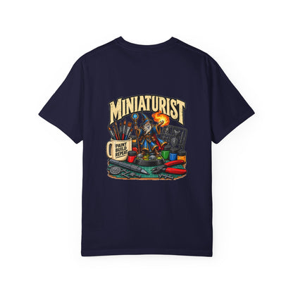Miniaturist Wizard Paint Build Repeat T-Shirt | Miniature Painting Hobby Tee