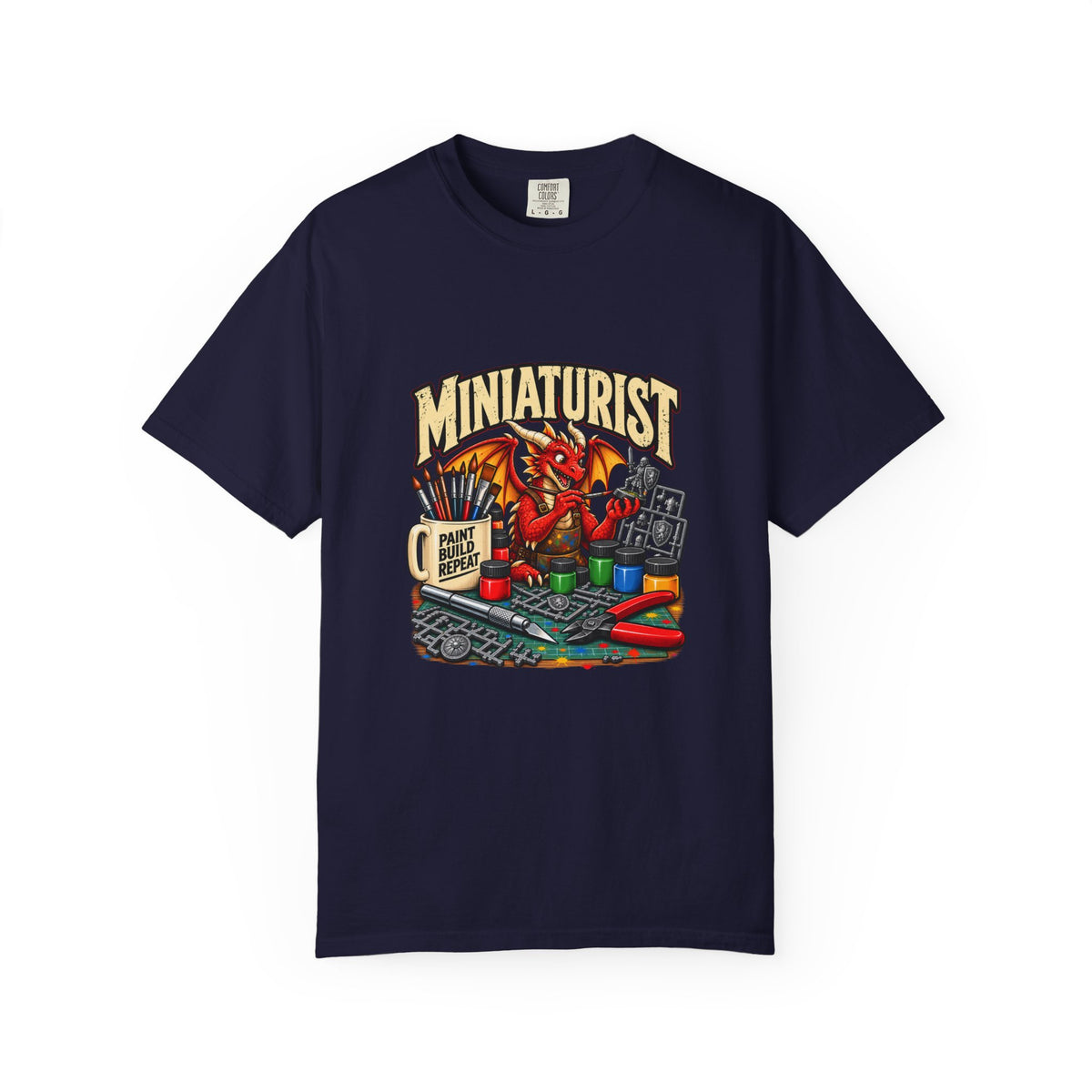 Miniaturist Dragon Painter Paint Build Repeat T-Shirt | Miniature Painting Hobby Tee
