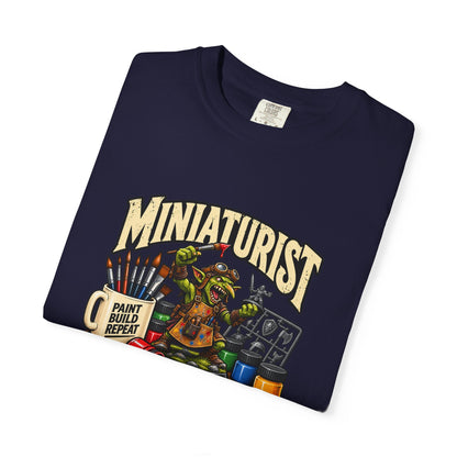 Miniaturist Goblin Paint Build Repeat T-Shirt | Miniature Painting Hobby Tee