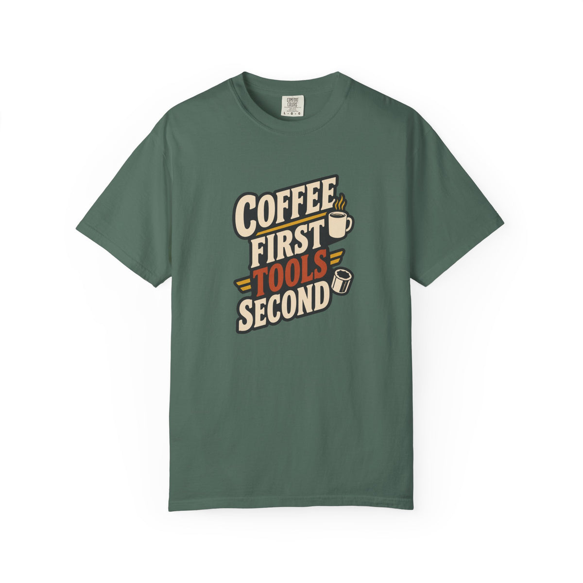 COFFEE FIRST TOOLS SECOND T-Shirt | Retro Workshop Tee