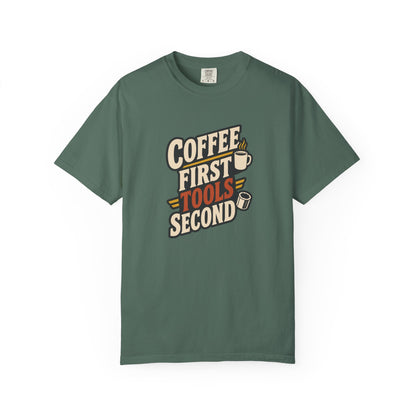 COFFEE FIRST TOOLS SECOND T-Shirt | Retro Workshop Tee