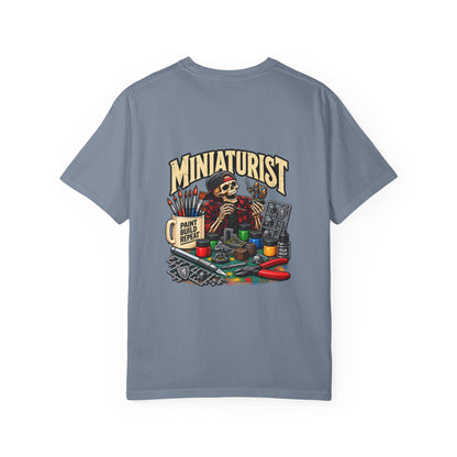 Miniaturist Skeleton Painter Paint Build Repeat T-Shirt | Miniature Painting Hobby Tee