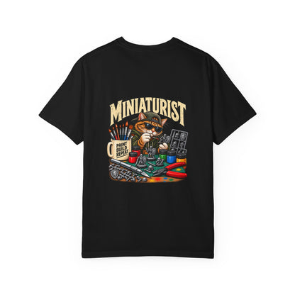 Miniaturist Cat Painter Paint Build Repeat T-Shirt | Miniature Painting Hobby Tee