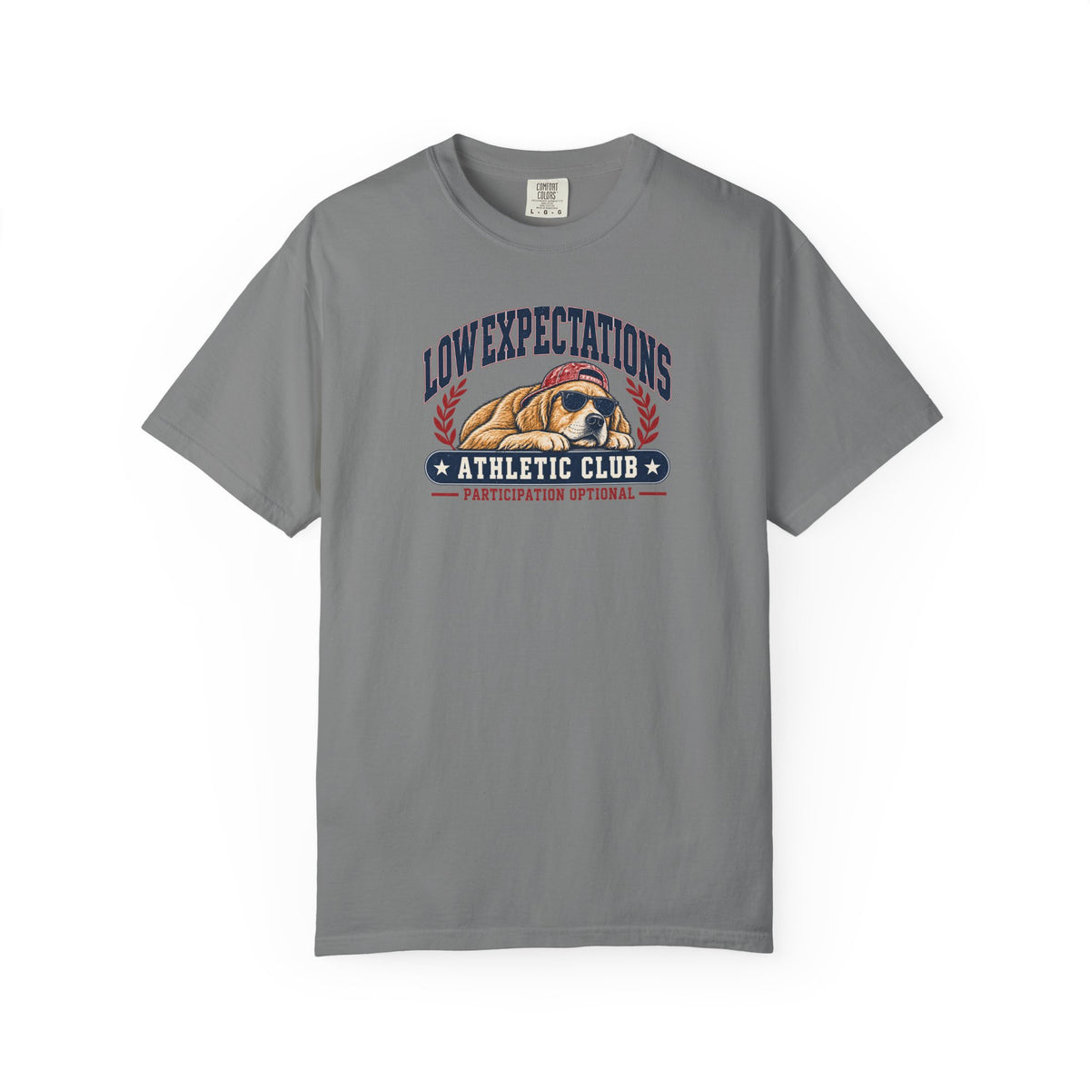 Low Expectations Athletic Club T-Shirt | Funny Retro Collegiate Dog Tee