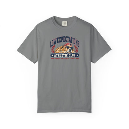 Low Expectations Athletic Club T-Shirt | Funny Retro Collegiate Dog Tee