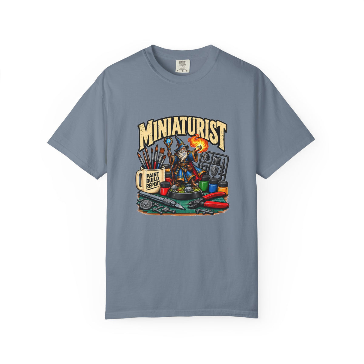 Miniaturist Wizard Paint Build Repeat T-Shirt | Miniature Painting Hobby Tee