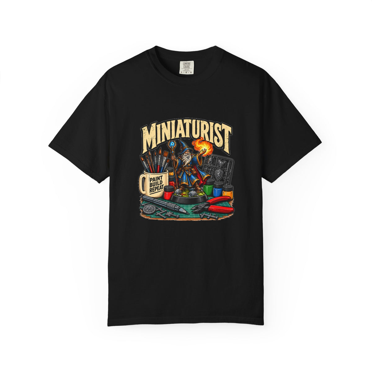 Miniaturist Wizard Paint Build Repeat T-Shirt | Miniature Painting Hobby Tee