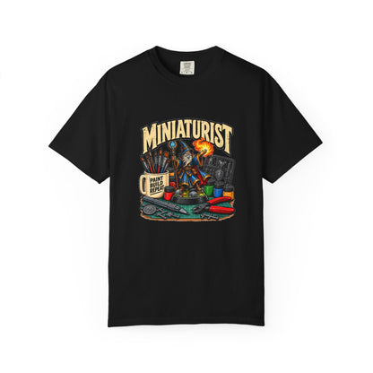 Miniaturist Wizard Paint Build Repeat T-Shirt | Miniature Painting Hobby Tee