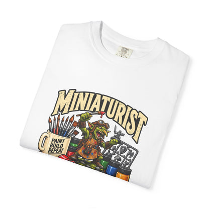 Miniaturist Goblin Paint Build Repeat T-Shirt | Miniature Painting Hobby Tee