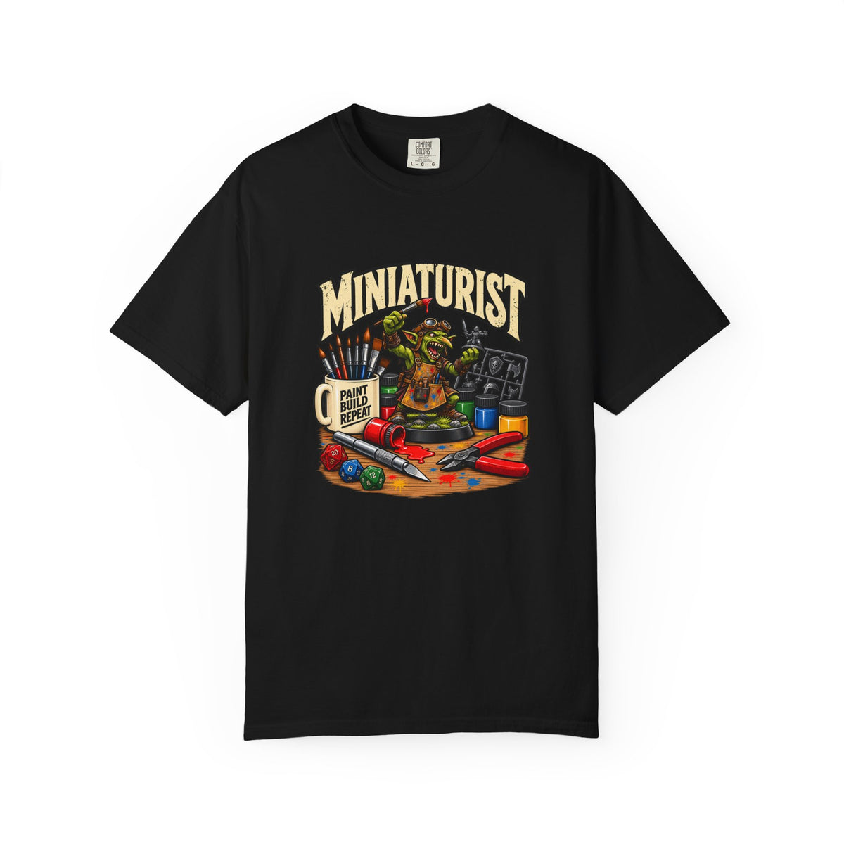 Miniaturist Goblin Paint Build Repeat T-Shirt | Miniature Painting Hobby Tee