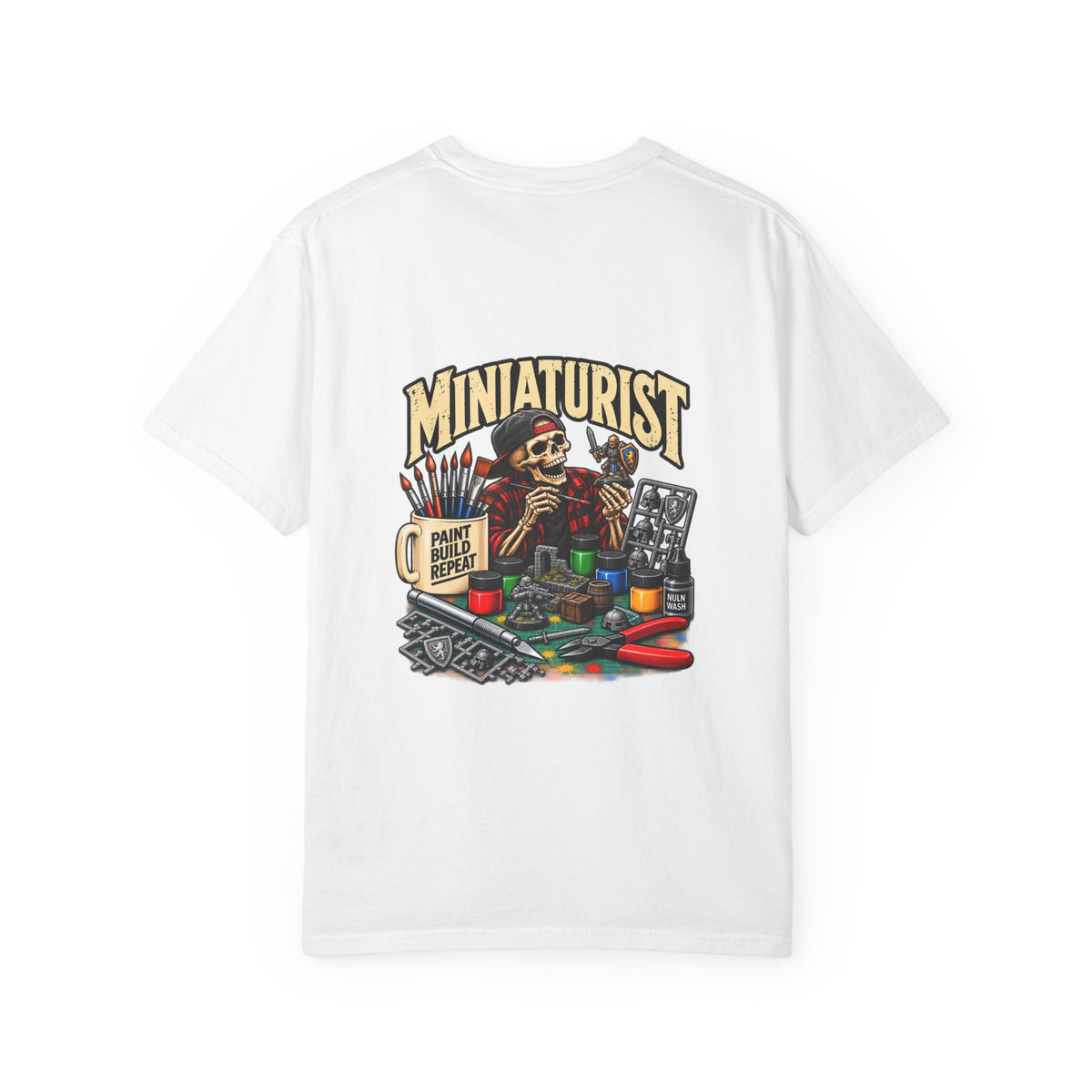 Miniaturist Skeleton Painter Paint Build Repeat T-Shirt | Miniature Painting Hobby Tee