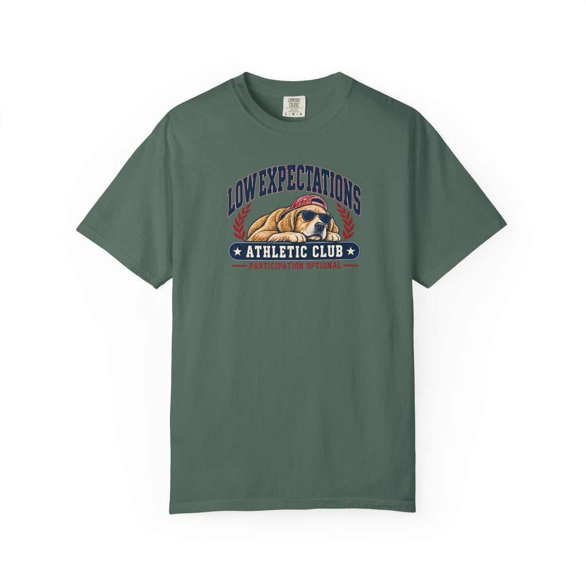 Low Expectations Athletic Club T-Shirt | Funny Retro Collegiate Dog Tee