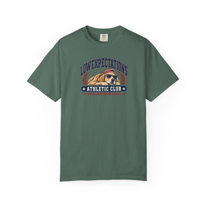 Low Expectations Athletic Club T-Shirt | Funny Retro Collegiate Dog Tee