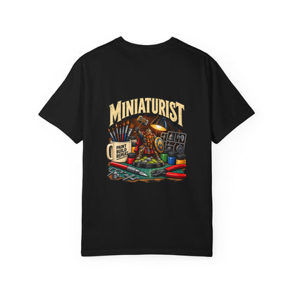 Miniaturist Dwarf Paint Build Repeat T-Shirt | Miniature Painting Hobby Tee