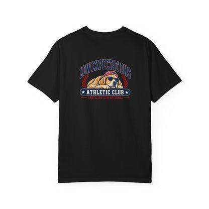 Low Expectations Athletic Club T-Shirt | Funny Retro Collegiate Dog Tee