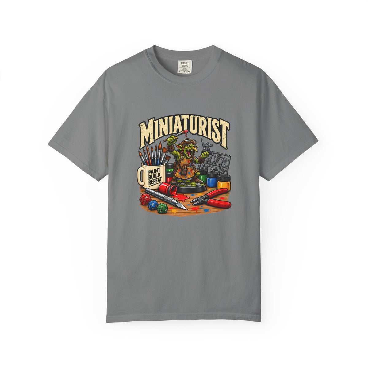 Miniaturist Goblin Paint Build Repeat T-Shirt | Miniature Painting Hobby Tee
