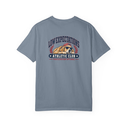 Low Expectations Athletic Club T-Shirt | Funny Retro Collegiate Dog Tee