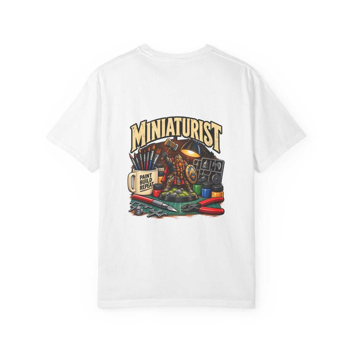 Miniaturist Dwarf Paint Build Repeat T-Shirt | Miniature Painting Hobby Tee