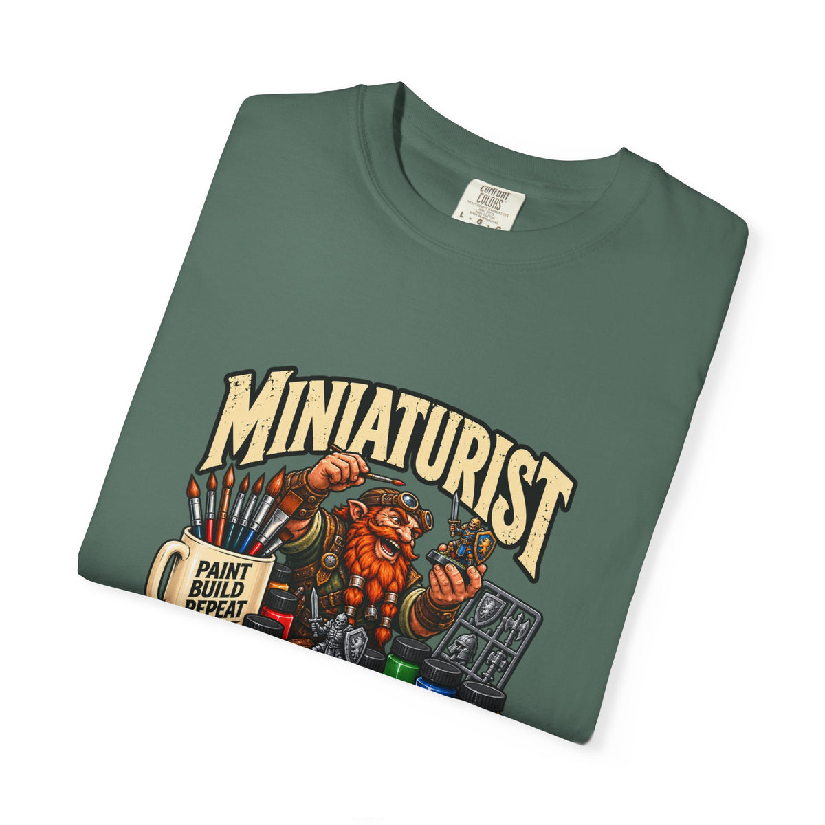Miniaturist Dwarf Painter Paint Build Repeat T-Shirt | Miniature Painting Hobby Tee