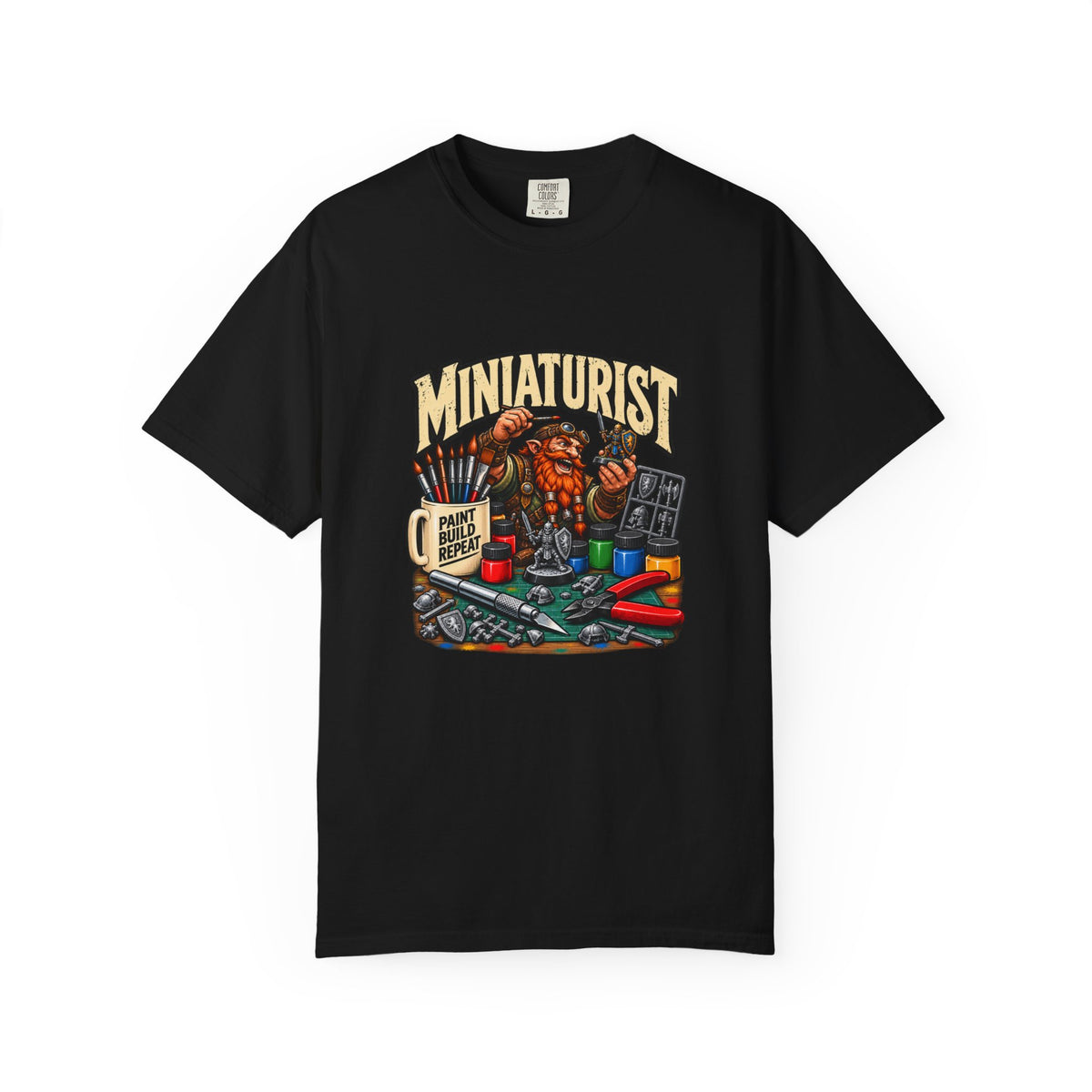 Miniaturist Dwarf Painter Paint Build Repeat T-Shirt | Miniature Painting Hobby Tee