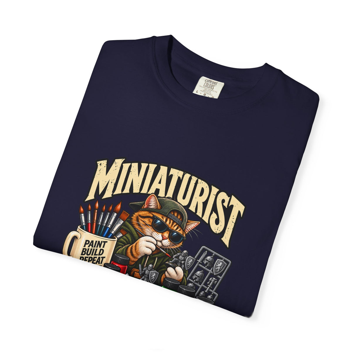 Miniaturist Cat Painter Paint Build Repeat T-Shirt | Miniature Painting Hobby Tee