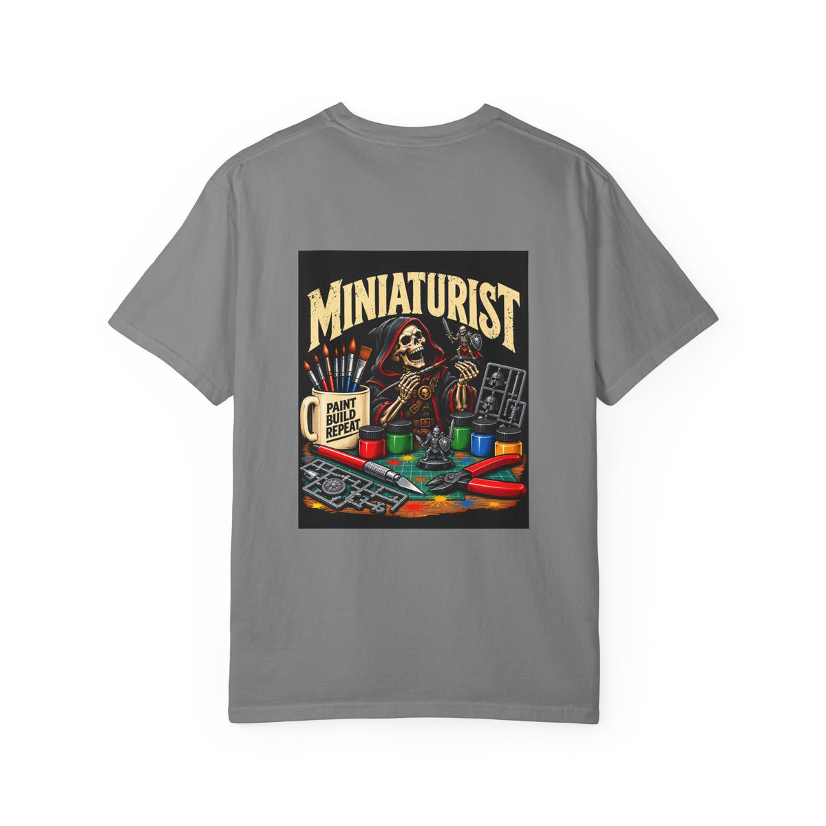 Miniaturist Skeleton Paint Build Repeat T-Shirt | Miniature Painting Hobby Tee