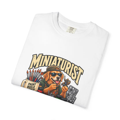 Miniaturist Dog Painter Paint Build Repeat T-Shirt | Miniature Painting Hobby Tee
