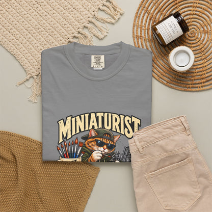 Miniaturist Cat Painter Paint Build Repeat T-Shirt | Miniature Painting Hobby Tee