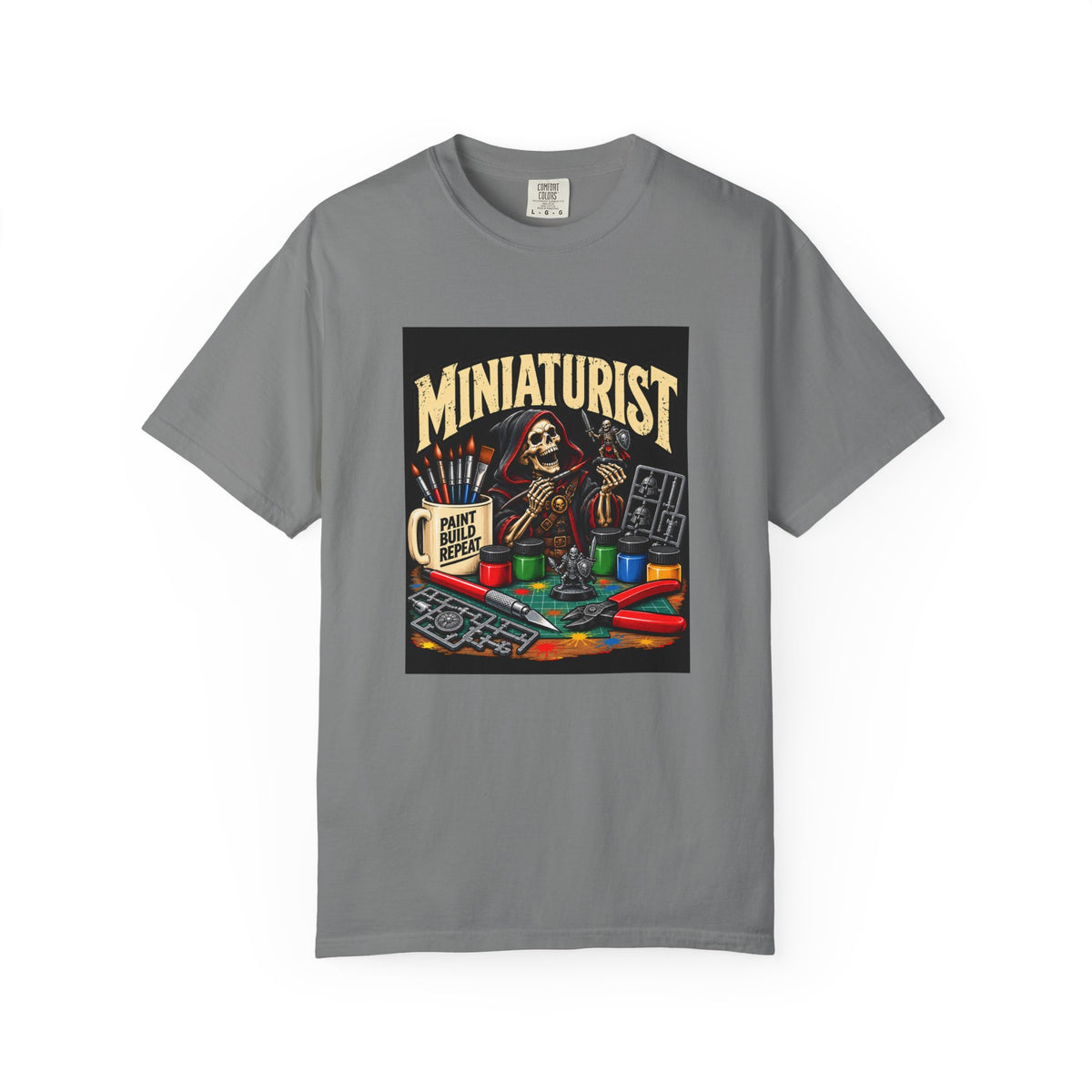 Miniaturist Skeleton Paint Build Repeat T-Shirt | Miniature Painting Hobby Tee