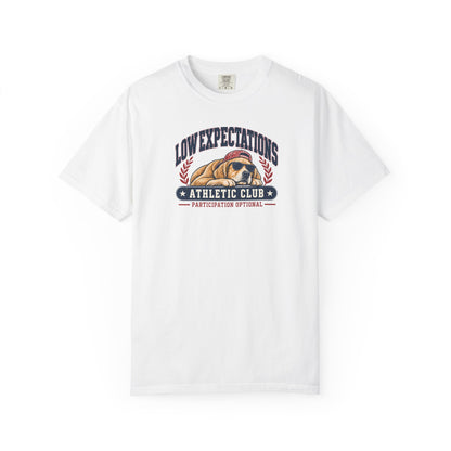 Low Expectations Athletic Club T-Shirt | Funny Retro Collegiate Dog Tee