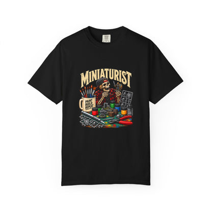 Miniaturist Skeleton Painter Paint Build Repeat T-Shirt | Miniature Painting Hobby Tee