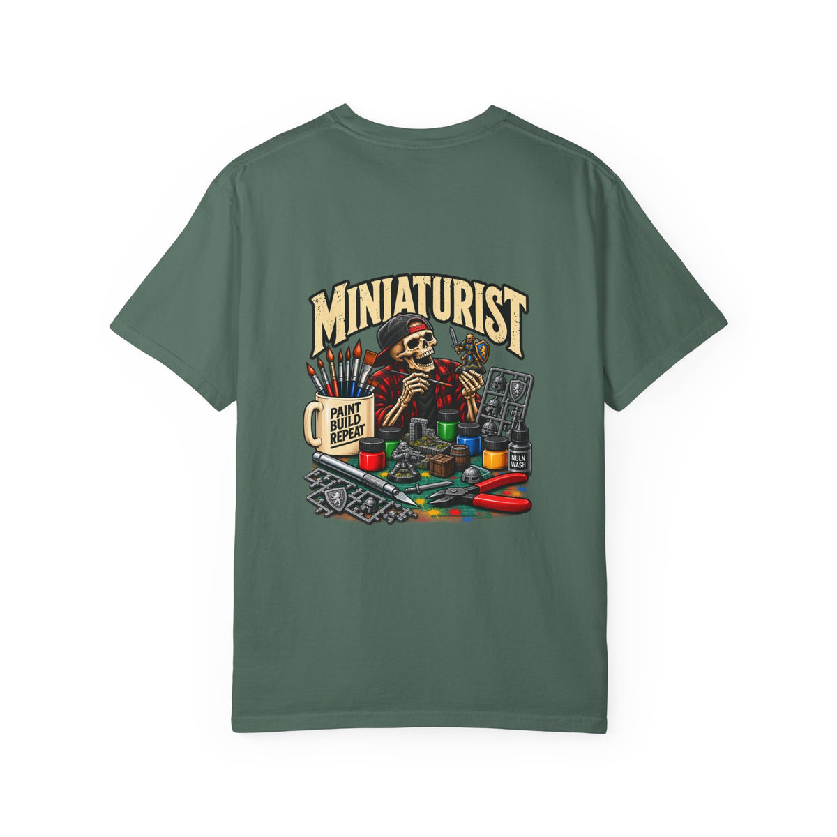 Miniaturist Skeleton Painter Paint Build Repeat T-Shirt | Miniature Painting Hobby Tee