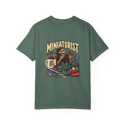 Miniaturist Skeleton Painter Paint Build Repeat T-Shirt | Miniature Painting Hobby Tee
