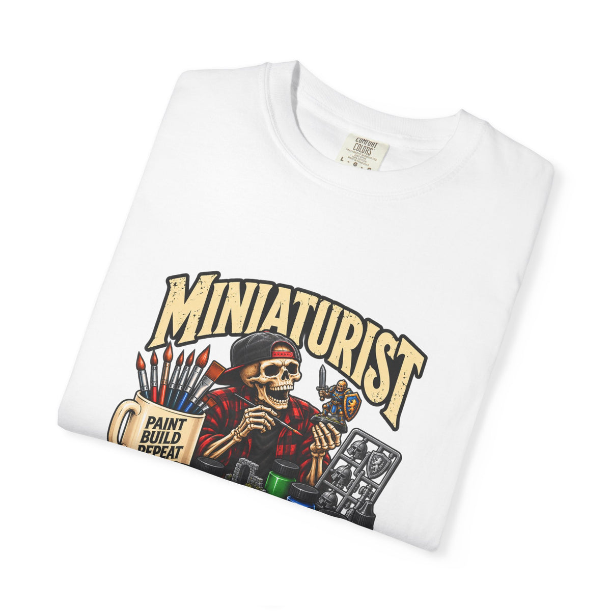 Miniaturist Skeleton Painter Paint Build Repeat T-Shirt | Miniature Painting Hobby Tee