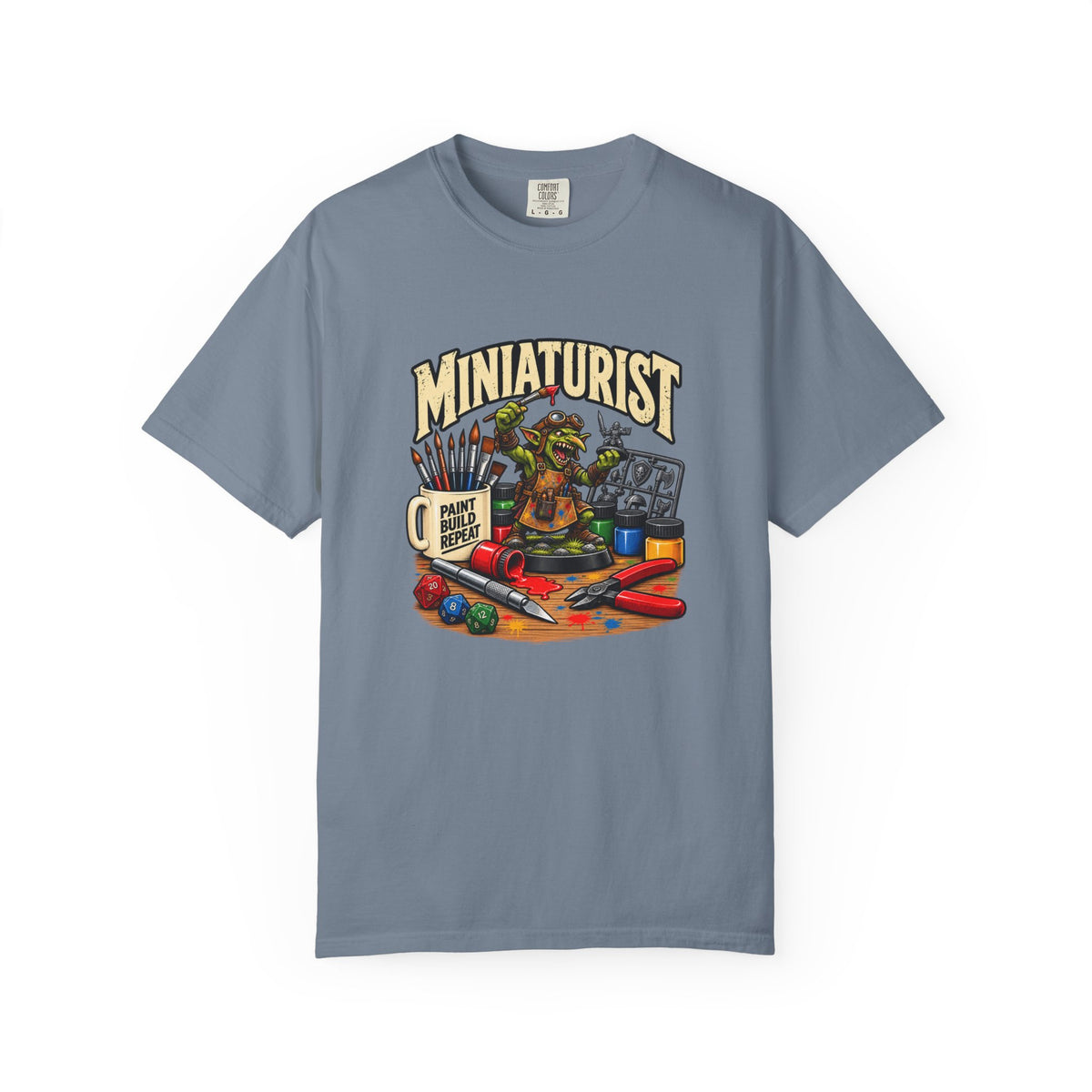 Miniaturist Goblin Paint Build Repeat T-Shirt | Miniature Painting Hobby Tee