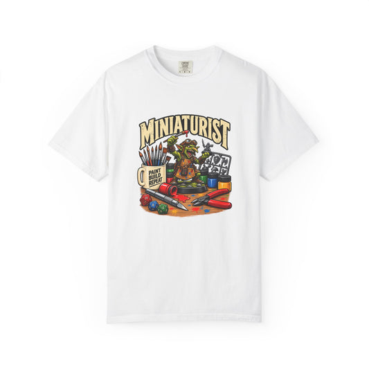 Miniaturist Goblin Paint Build Repeat T-Shirt | Miniature Painting Hobby Tee