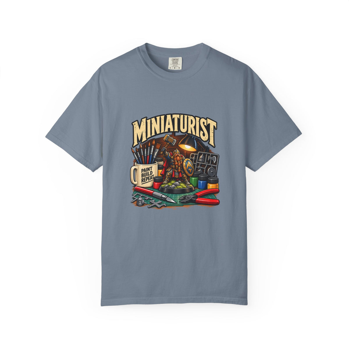Miniaturist Dwarf Paint Build Repeat T-Shirt | Miniature Painting Hobby Tee