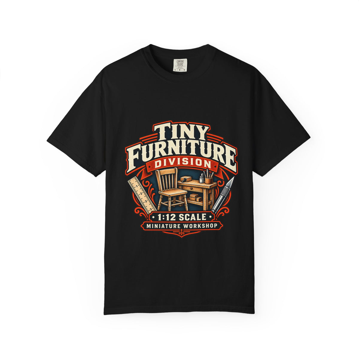 Vintage miniature furniture workshop graphic tee for 1:12 scale hobbyists