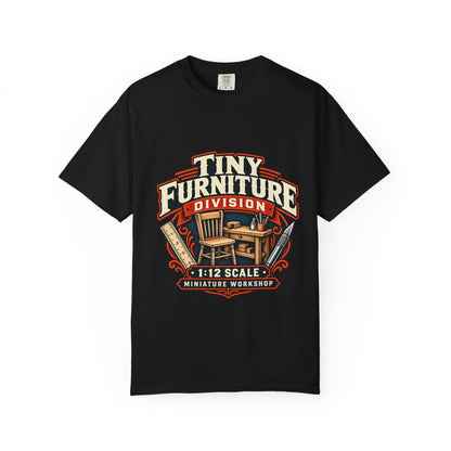Vintage miniature furniture workshop graphic tee for 1:12 scale hobbyists